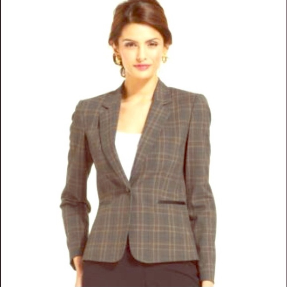Tahari Gray Pink Plaid One Button Pocket Blazer Elbow Patch Levine 16 Petite